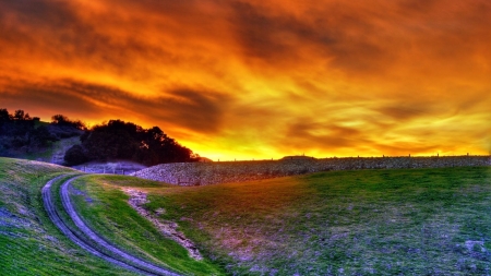 Sunset at Hillside - clouds, path, hills, sunset, nature, road, landscape, grass