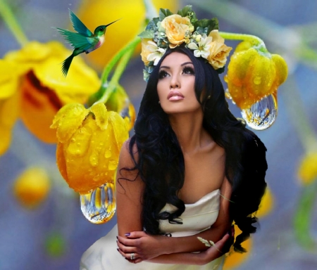 Droplets of Life - woman, feminine, girl, female, roses, rain droplets, water, black, bird, floral, yellow, humming bird, orange, flowers