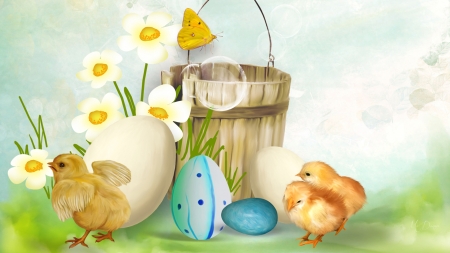 Easter Chicks - chickens, eggs, spring, floers, Easter, chicks, bubbles, butterfly, bucket