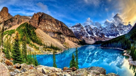 Blue Lake Reflecting the Mountains - clouds, nature, reflecting, lake, forest, mountains, tree, sky