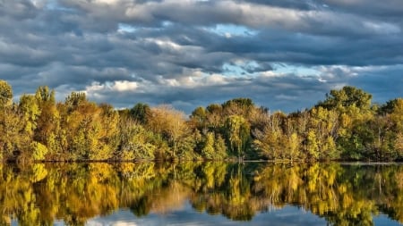 Green Reflection in the Lake - clouds, trees, nature, green, lake, forest, reflection, sky