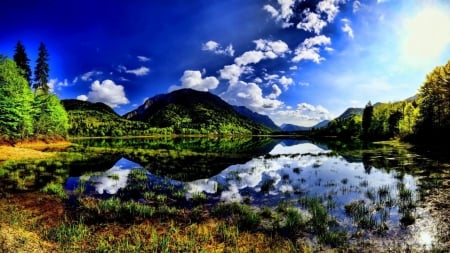 Lake in Reflection - nature, sky, lake, trees, forest, reflection, clouds, mountains