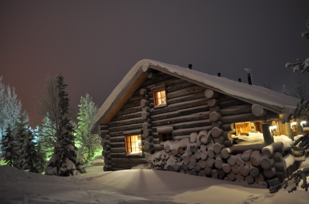 winter cabin - log, winter, cabin, snow