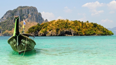 Sailboat on the Clear Ocean - trees, nature, boat, cliffs, ocean, forest, mountains