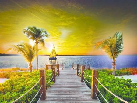 Sunset Scene at Beach - clouds, trees, beach, boat, palm, wooden, sunset, nature, bridge