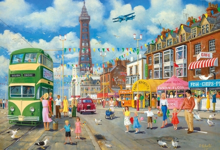 Promenade - draw, airplane, people, city, blackpool, eiffel tower, street, pictura, promenade, painting, art