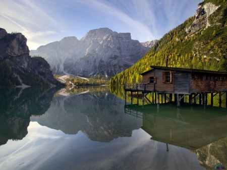 Alps Reflected in the Lake Braies, Italy - nature, braies, lake, mountain, italy, reflected, alps