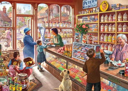 A special treat - people, dog, children, copil, boy, pictura, painting, caine, art, luminos, a special treat, shop, candy