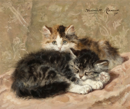 Kittens - pictura, animal, pisica, sleep, henriette ronner knip, painting, couple, art