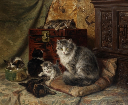 Cats - henriette ronner knip, cat, pictura, pisica, playful, animal, kitten, painting, cute, art