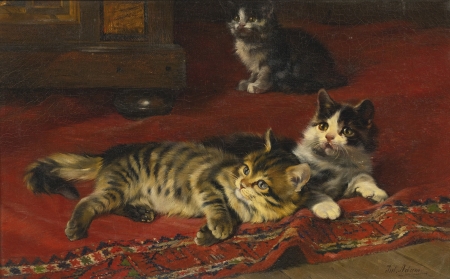 Kittens - pictura, pisica, henriette ronner knip, kitten, red, painting, art, cat