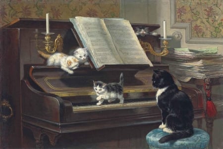 Cats - painting, piano, cat, pictura, instrument, pisica, henriette ronner knip, kitten