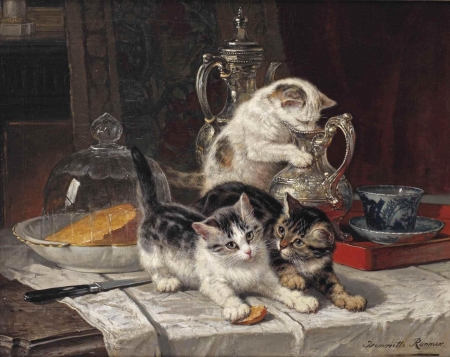 Kittens - animal, cute, cat, henriette ronner knip, art, pisica, pictura, kitten, table, food, painting