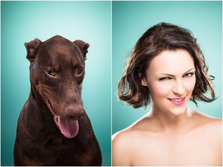 Really? - blue, brown, collage, girl, dog, animal, funny, woman, caine, face