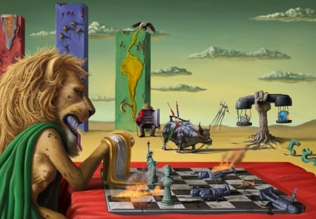 Abstract - abstract, cow, tiago hoisel, pictura, fantasy, red, green, painting, surreal, chess, lion, art