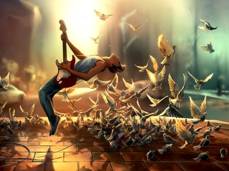 Do more than just exist - bird, yellow, blue, man, music, guitar, fantasy, aquasixio, pasare, art, luminos