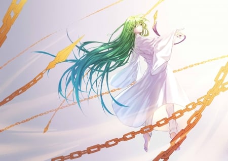 Enkidu - pretty, anime, female, blue, bicolor hair, light, long hair, golden, anime girl, beautiful, girl, beauty, lovely, sweet, white, chains, lady, green, woman