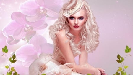 Orchid Beauty - girl, blonde, orchid, beauty, pink, flowers, fantasy, woman, art