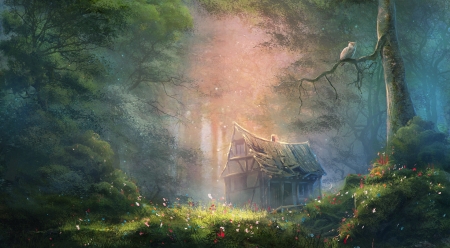 Cottage - cottage, reinmar84, fantasy, pasare, bird, forest, blue, luminos, green, owl, house, tree