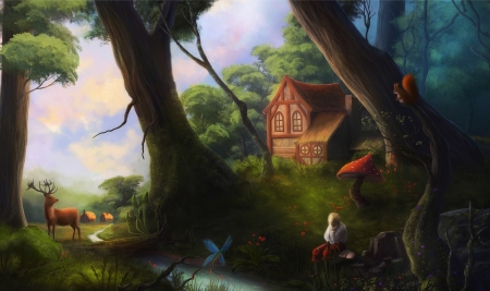 In dreams - summer, reinmar84, animal, red, art, cottage, luminos, dragonfly, house, water, old man, tree, fantasy, deer, green, mushroom, in dreams