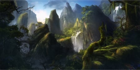 Landscape - landscape, mountain, luminos, reinmar84, green, waterfall, fantasy