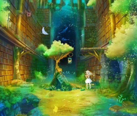 Fairytale - book, yellow, anime, girl, blue, manga, orange, tree, luminos, green