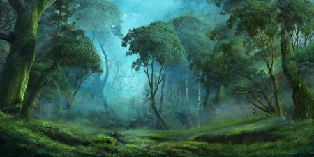 Forest - fantasy, blue, reinmar84, green, mist, forest, tree, luminos