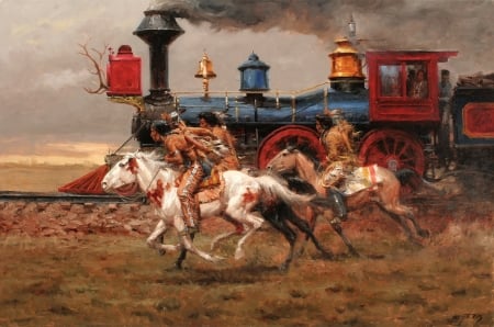 Race - blue, paintign, indian, andy thomas, man, horse, spotted tails, pictura, train, red, band races, the union pacific, art