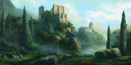 Morning - reinmar84, fantasy, mist, art, luminos, castle, blue, green, morning shore