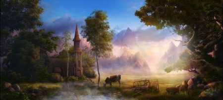 Pastorale - morning, pastorale, cow, landscape, reinmar84, fantasy, mist, art, luminos, animal