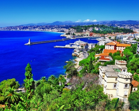 Sea in France - trees, nature, landscape, sea, france, houses, building