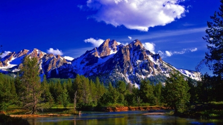 Snowy Mountain - nature, lake, trees, forest, clouds, snow, mountains