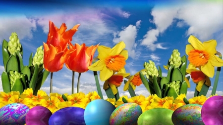 Easter Greetings - eggs, flowers, clouds, tulips, artwork, daffodils, sky