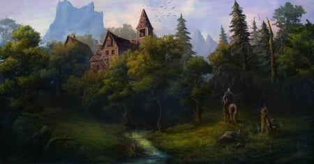 The Witcher - fantasy, the witcher, game, horse, forest, luminos, man, mansion, green, house, tree