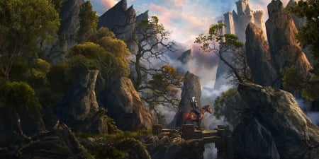 The Witcher - mountain, reinmar84, fantasy, the witcher, art, game, luminos, man, castle, tree