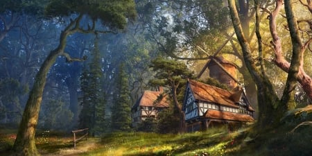 The village - reinmar84, fantasy, village, art, forest, luminos, blue, green, house, tree