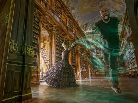 The spell - sorceress, room, adrian sommeling, creative, man, witch, fantasy, purple, funny, green, woman, spell, situation, luminos