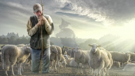 The shepherd - easter, oaie, creative, sheep, situation, man, adrian sommeling, animal, shepherd