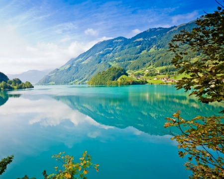 Lake Mountains - trees, blue sky, landscape, forest, village, white clouds, nature, mountins, lake