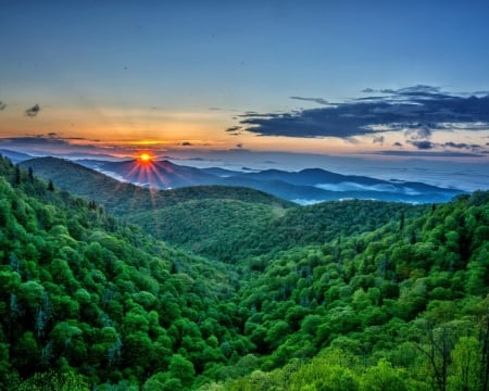 Sunset Over the Mountains - clouds, dawn, trees, sunset, nature, forest, mountains