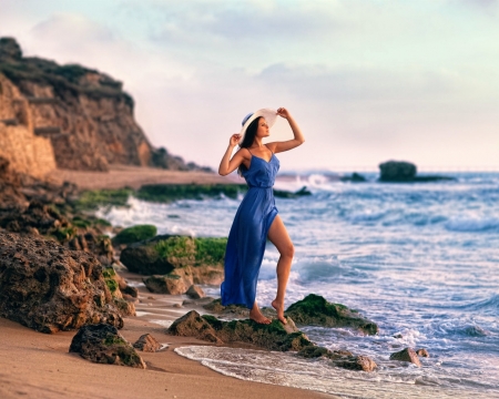 Blue Dress Girl at Coast - hat, girl, blue dress, sea, rocks, model