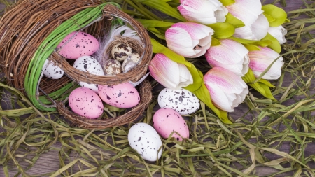 Easter Eggs - eggs, easter, tulips, basket