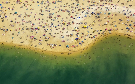 Beach ~ view from the top - summer, view from the top, people, beach, texture, sea, green