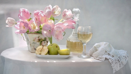 Still Life - table, tulips, fruits, still life