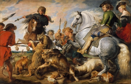 Hunting wolves and foxes - pictura, people, painting, pieter paul rubens, hunting wolves and foxes, man, art