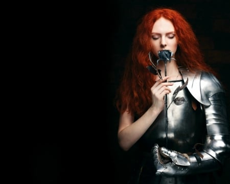 Jeanne D'Arc - woman, redhead, girl, black, armor, rose, model, jeanne darc, flower