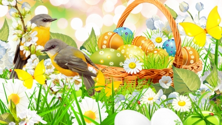 Birds & Easter Basket - easter, colored, basket, spring, easter eggs, flowers, grass, firefox persona theme, birds