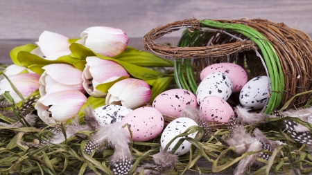 Basket of Tulips and Easter Eggs - flowers, basket, Firefox Persona theme, tulips, spring, grass, feathers, Easter