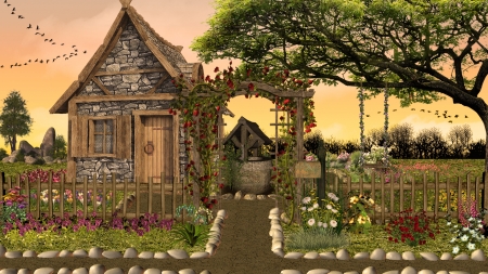 Little House - flowers, house, garden, rocks