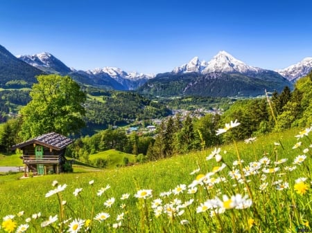 The Village in the Spring Mountains,Bravaria - nature, village, bravaria, mountains, spring, wildflowers